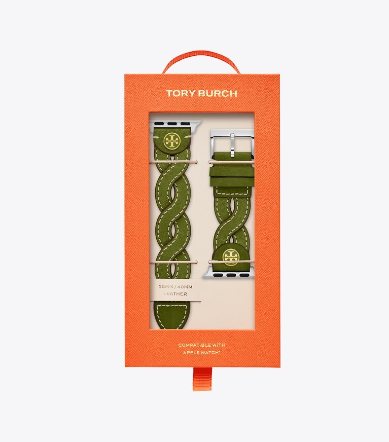 Tory Burch designer watches tory track smart watches Braided Band for Apple Watch®, Green Leather, 38 MM – 40 MM in GREEN front