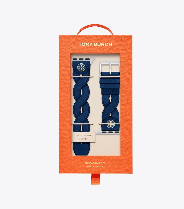 Tory Burch designer watches tory track smart watches Braided Band for Apple Watch®, Navy Leather, 38 MM – 40 MM in NAVY front