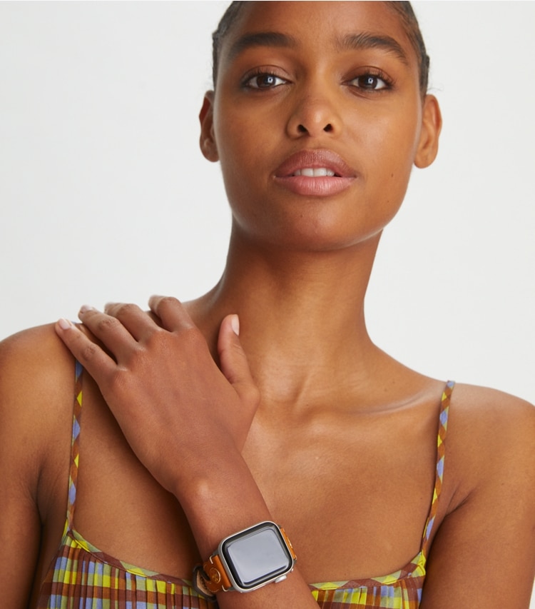 Tory Burch designer watches tory track smart watches Braided Band for Apple Watch® in CAMELLO accessory on model