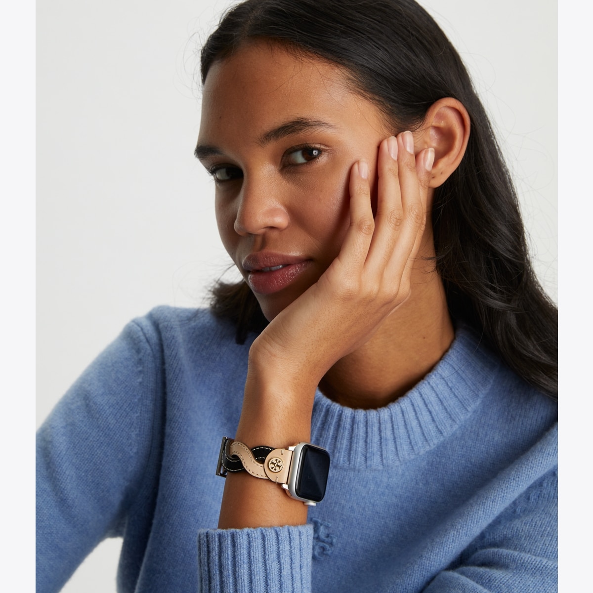 Braided Band for Apple Watch®, Cream/Black Leather, 38 MM
