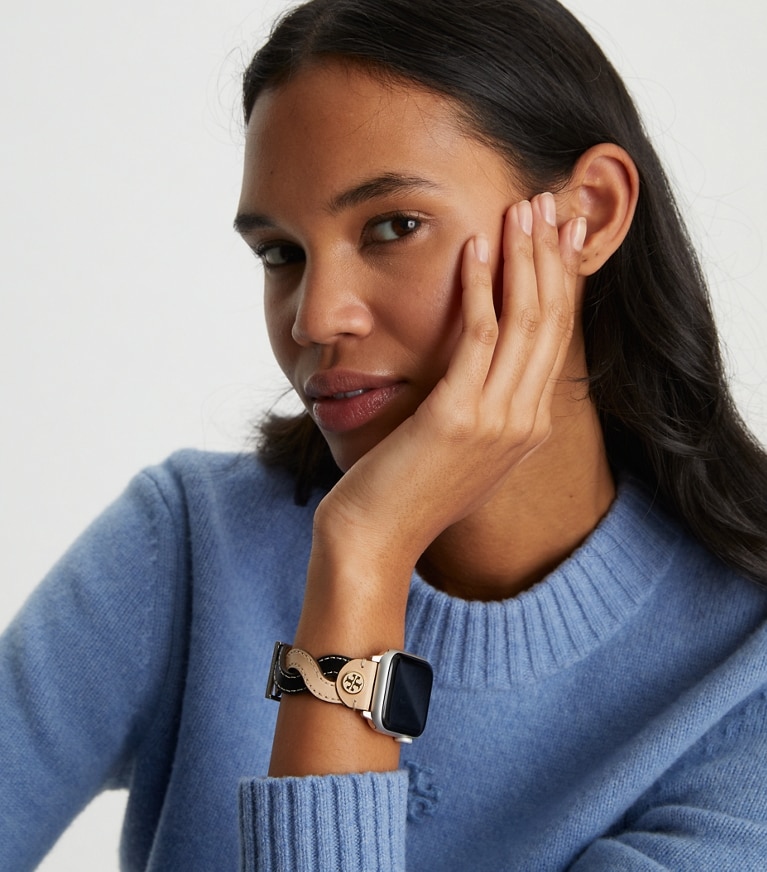 Braided Band for Apple Watch®, Cream/Black Leather, 38 MM