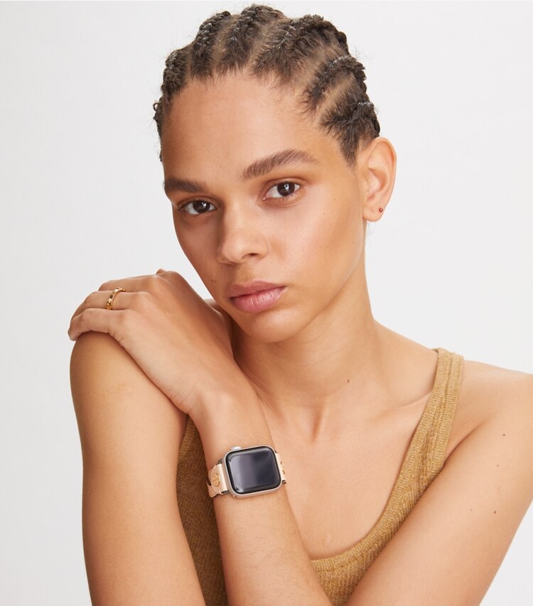 Tory Burch designer watches tory track smart watches Braided Solid Band for Apple Watch®, Cream Leather, 38MM – 40MM   in SOLID CREAM accessory on model