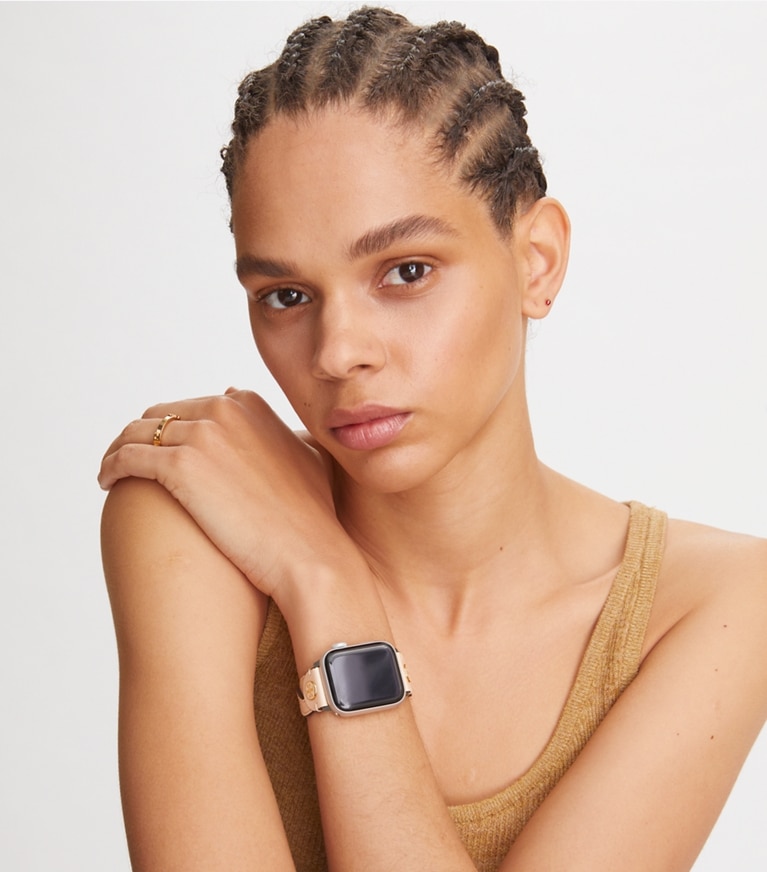Tory Burch designer watches tory track smart watches Braided Solid Band for Apple Watch®, Cream Leather, 38MM – 40MM   in SOLID CREAM front