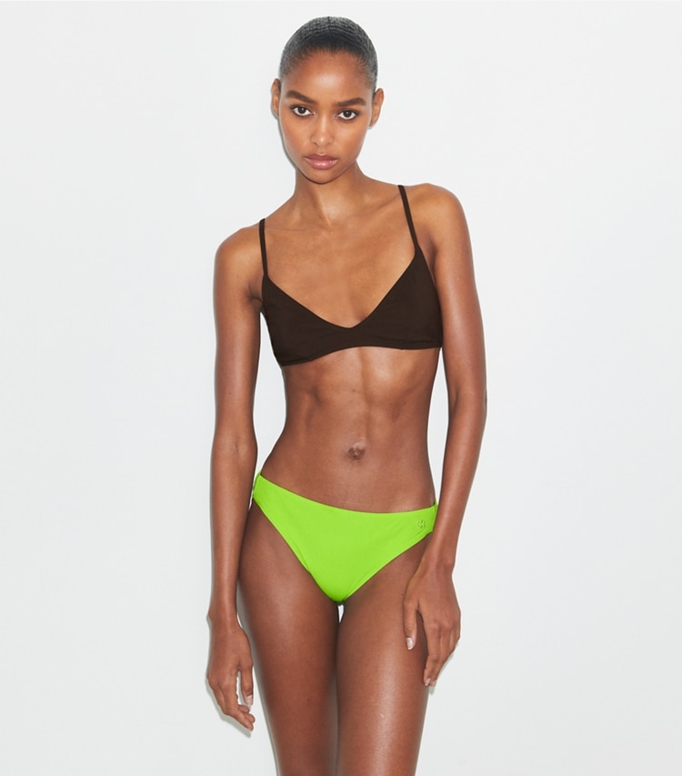 Tory Burch designer two pieces Bralette Bikini Top in Deep Chocolate on model detail