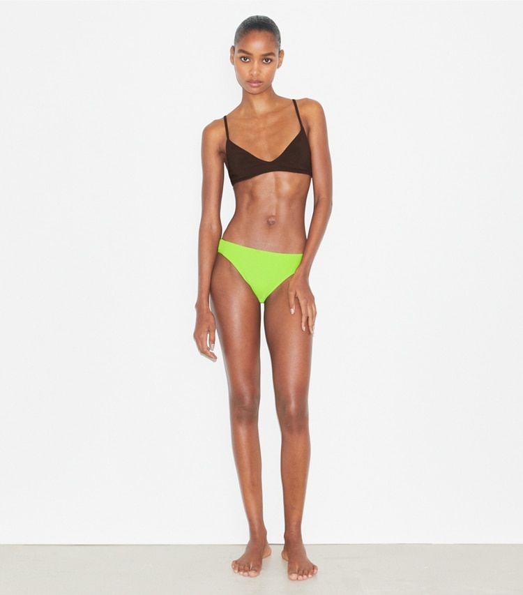 Tory Burch designer two pieces Bralette Bikini Top in Deep Chocolate on model front