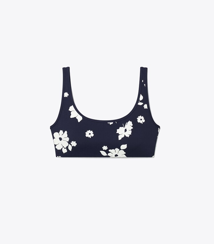 Tory Burch diseñador sujetadores deportivos Brasier de nailon estampado con escote redondo en Medium Navy Contrast Floral frente