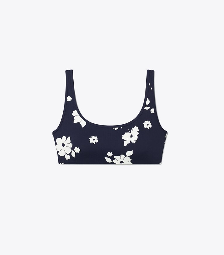 Tory Burch diseñador sujetadores deportivos Brasier de nailon estampado con escote redondo en Medium Navy Contrast Floral frente