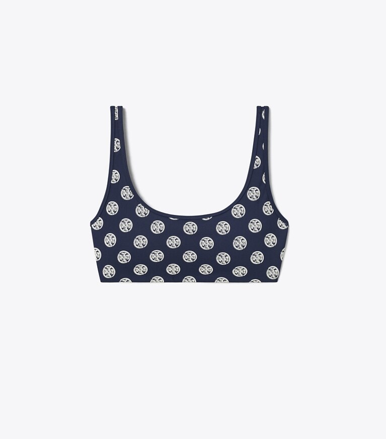 Tory Burch designer soutiens-gorge sport Brassière Compression à encolure large T Monogram in Tory Navy Engraved Logo front
