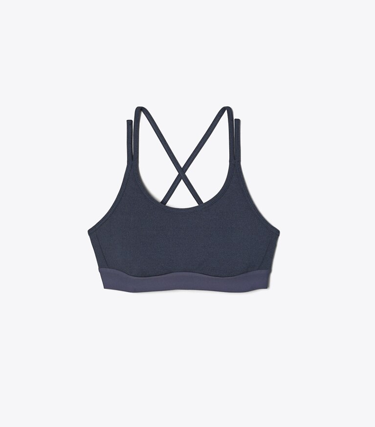 Tory Sport designer soutiens-gorge sport Brassière de compression dos croisé en tissu chiné in Tory Navy Heather front