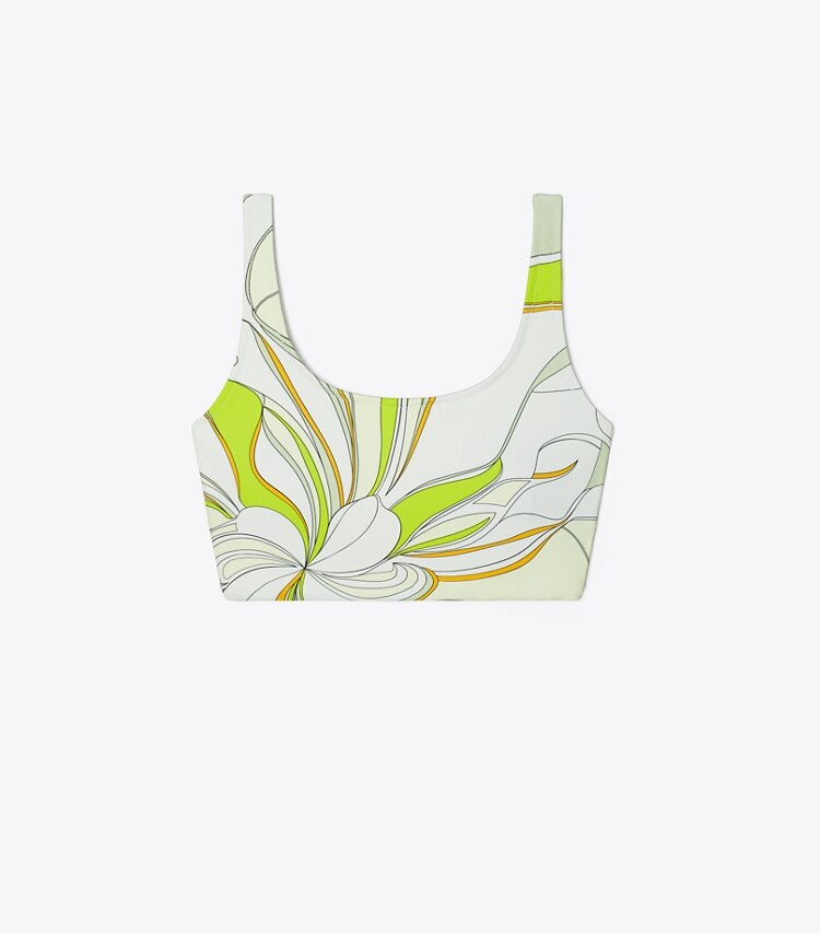 Tory Sport designer soutiens-gorge sport Brassière longue imprimée à encolure large in Chartreuse Twisty Flower front