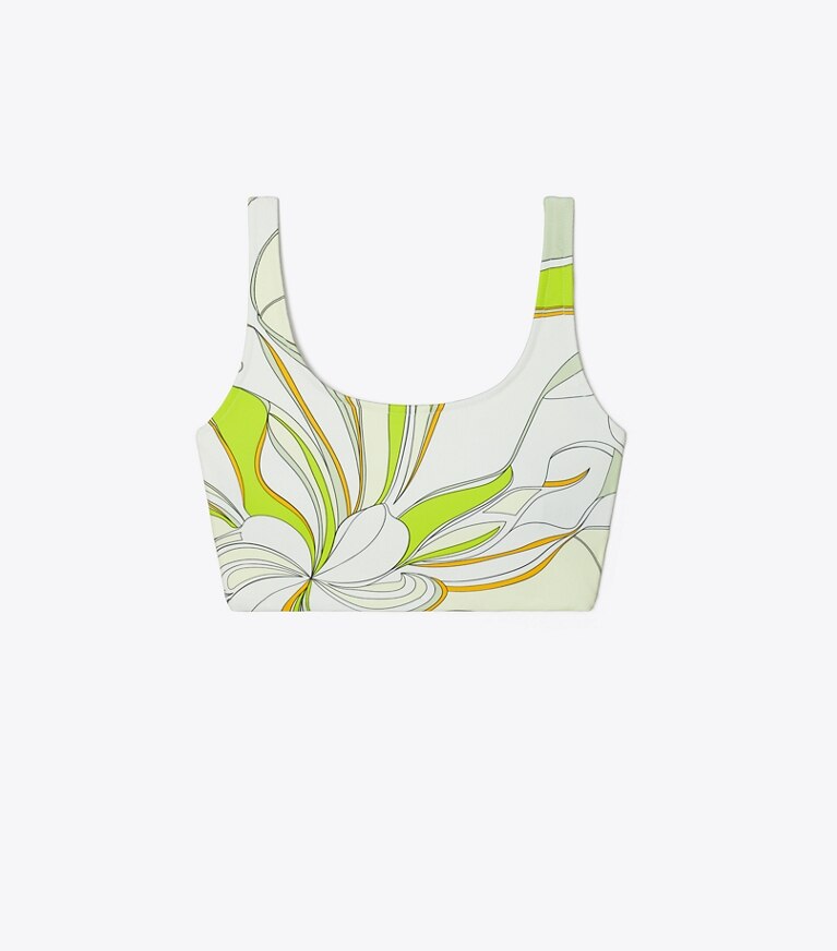 Tory Sport designer soutiens-gorge sport Brassière longue imprimée à encolure large in Chartreuse Twisty Flower front