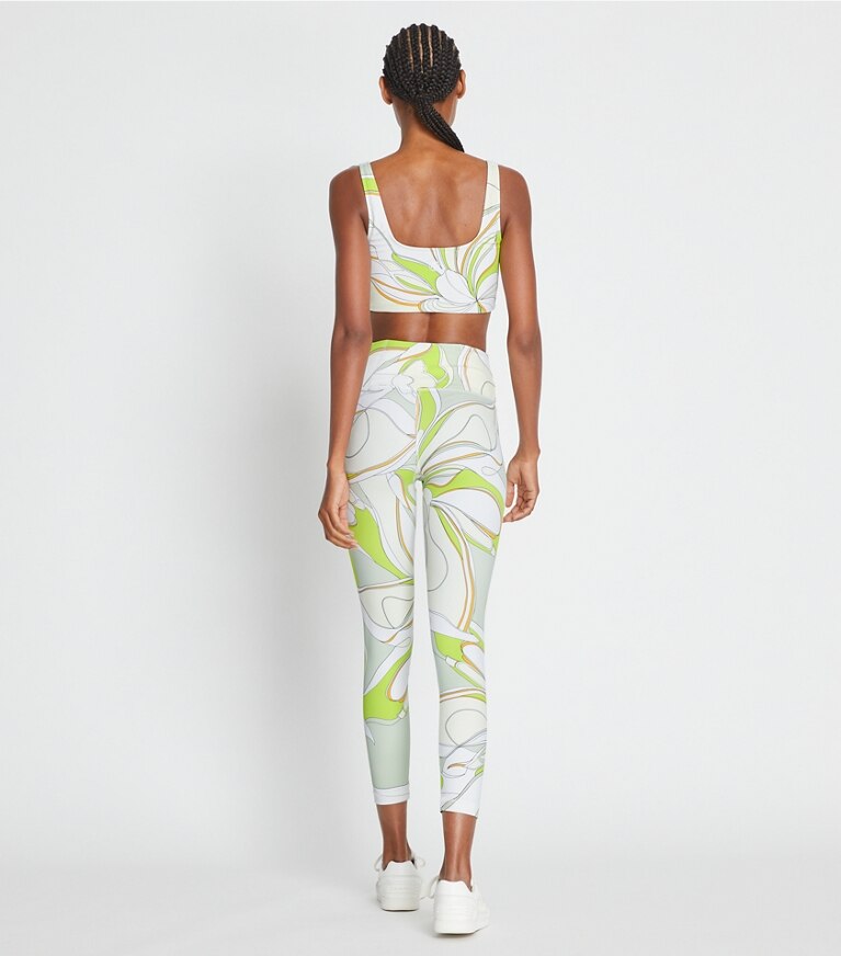 Tory Sport designer soutiens-gorge sport Brassière longue imprimée à encolure large in Chartreuse Twisty Flower front