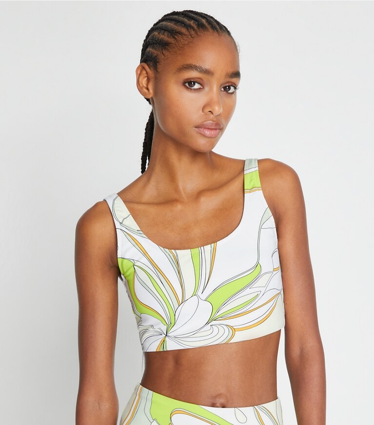Tory Sport designer soutiens-gorge sport Brassière longue imprimée à encolure large in Chartreuse Twisty Flower front