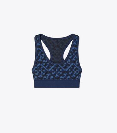 Tory Sport designer soutiens-gorge sport Brassière sans coutures en jacquard T Monogram in Dark Blue Prismatic T Monogram front