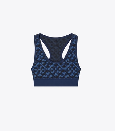 Tory Sport designer soutiens-gorge sport Brassière sans coutures en jacquard T Monogram prismatique dans Dark Blue Prismatic T Monogram de face