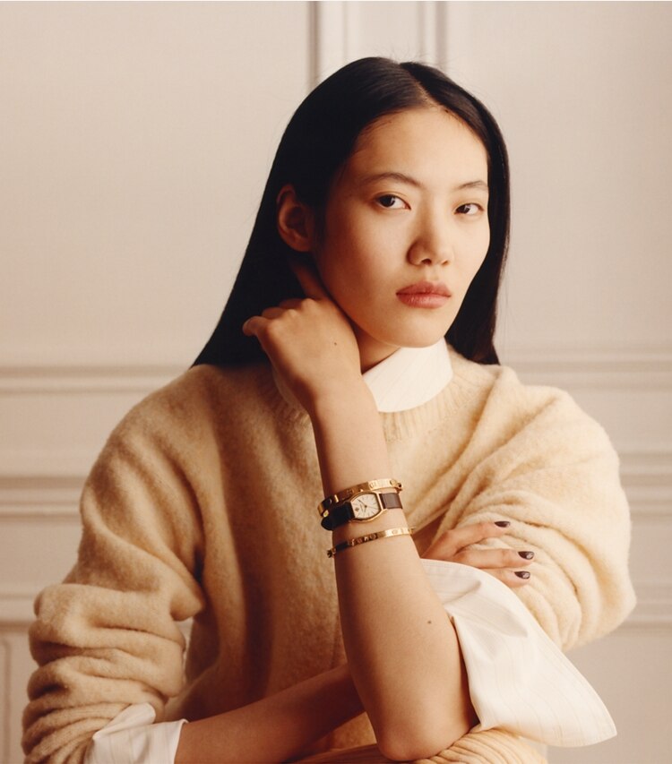Tory Burch diseñador pulseras Brazalete con bisagra Icon en Tory Gold campaña