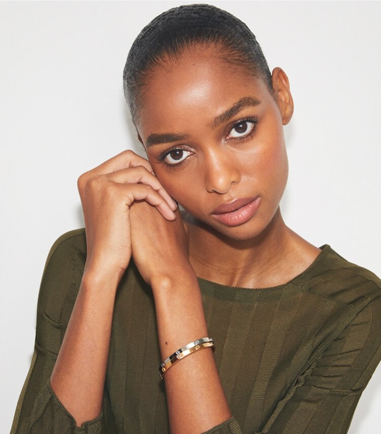 Tory Burch diseñador pulseras Brazalete con tachuelas Icon en Tory Silver accesorio en modelo