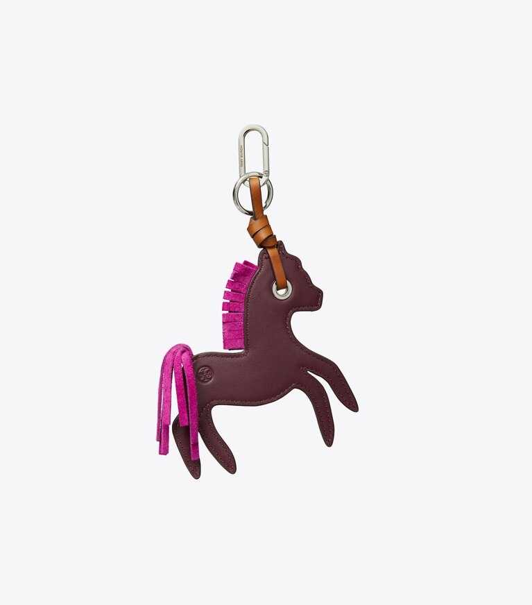 Tory Burch designer bijoux de sac et porte-clés Breloque de sac cheval en cuir dans Dark Carmine de face
