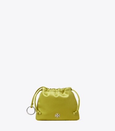 Tory Burch designer bijoux de sac et porte-clés Breloque pour sac pochette en satin dans Vibrant Green de face
