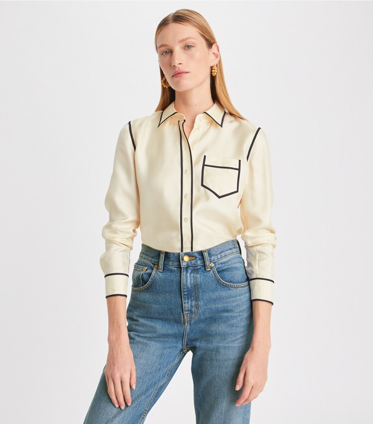 Tory Burch designer oberteile Brigitte Hemd aus Seidentwill in New Ivory on model detail