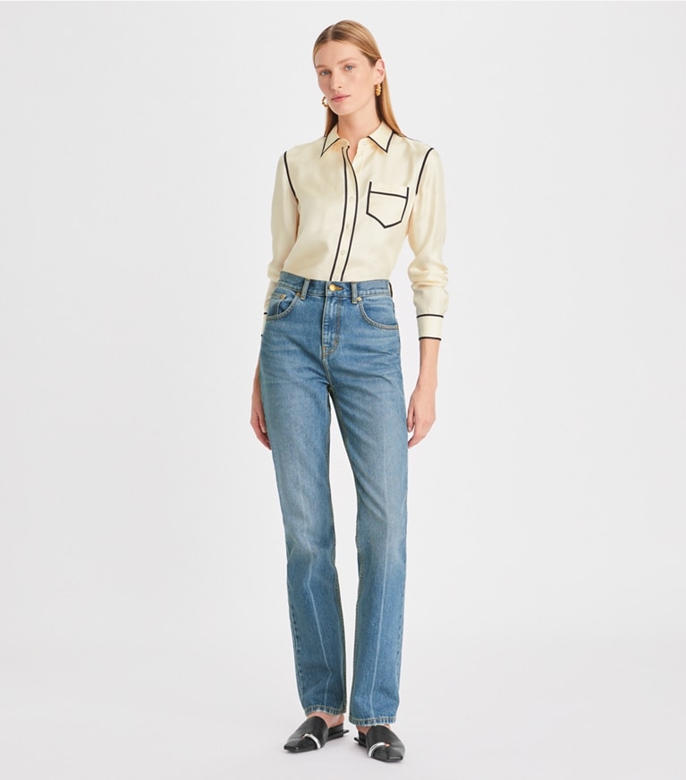 Tory Burch designer oberteile Brigitte Hemd aus Seidentwill in New Ivory front