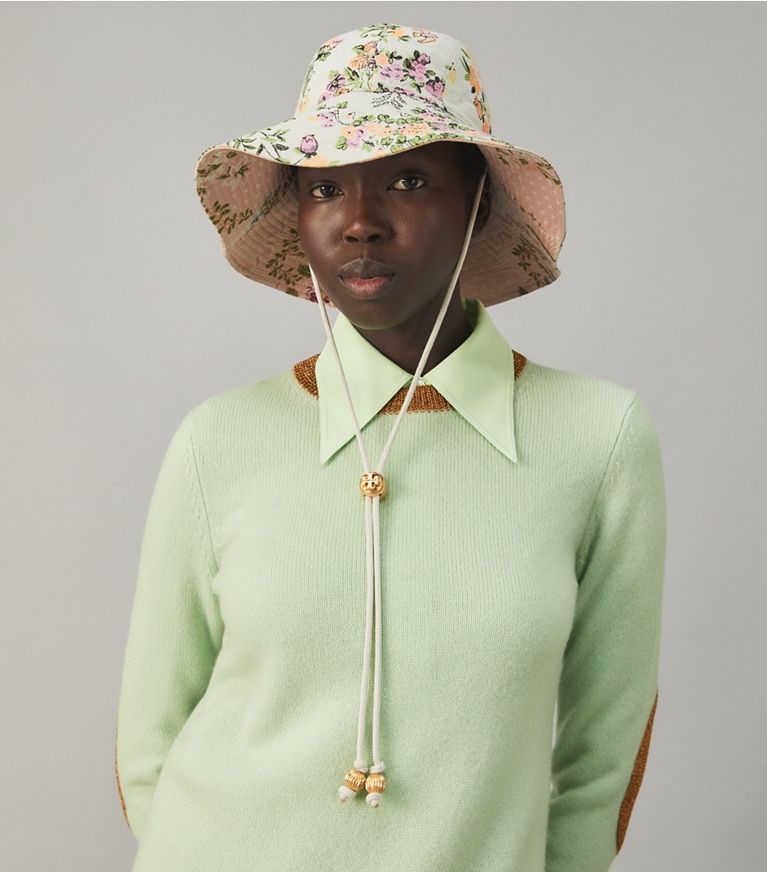 Tory Burch designer hats Brocade Reversible Bucket Hat in BAROQUE RUST JACQUARD front