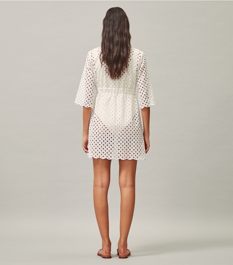 Tory Burch designer coverups Broderie Anglais Beach Tunic in White on model back