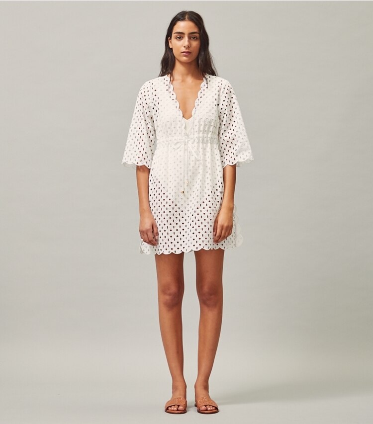 Tory Burch designer coverups Broderie Anglais Beach Tunic in White on model front