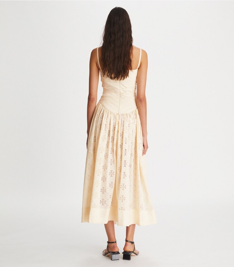 Tory Burch designer dresses Broderie Anglaise Hook-and-Eye Dress in French Cream on model back