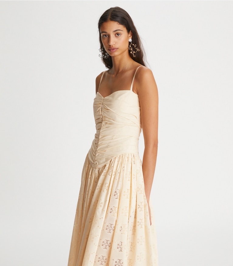 Tory Burch designer dresses Broderie Anglaise Hook-and-Eye Dress in French Cream front