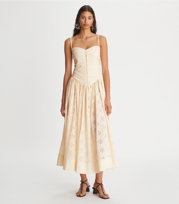 Tory Burch designer dresses Broderie Anglaise Hook-and-Eye Dress in French Cream on model front