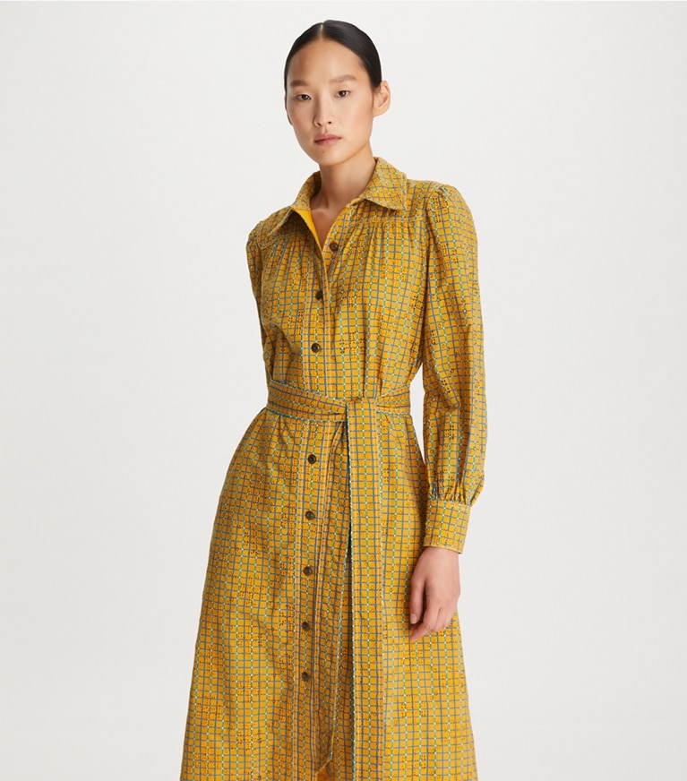 Tory Burch designer dresses Broderie Anglaise Printed Artist Dress in Yellow front