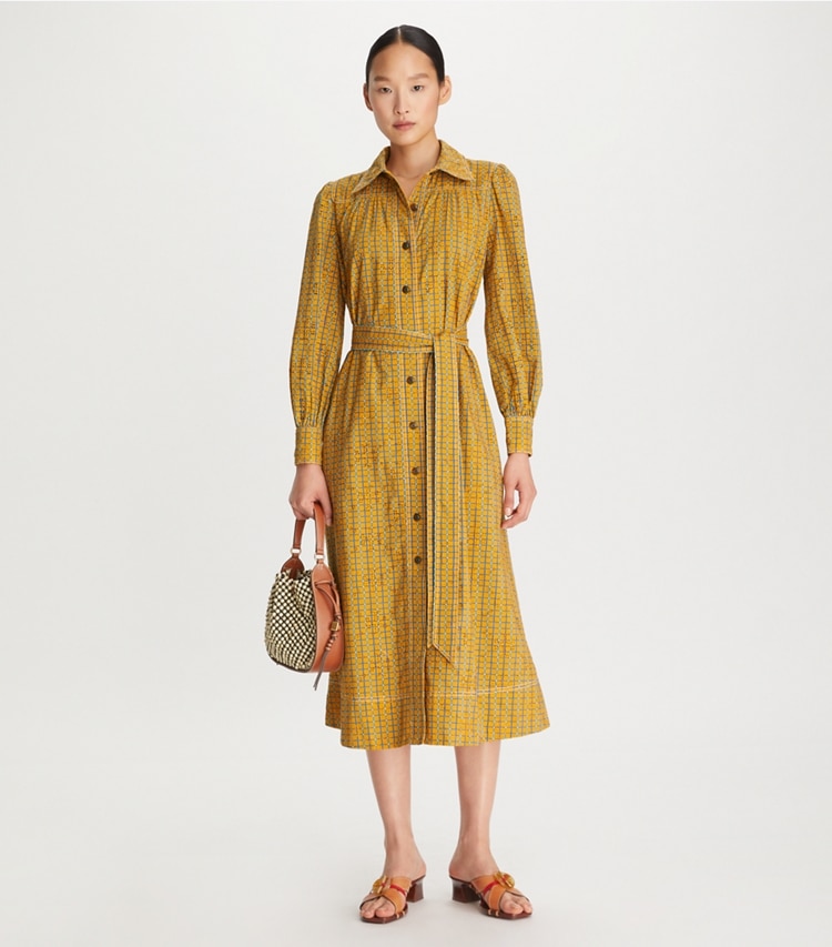 Tory Burch designer dresses Broderie Anglaise Printed Artist Dress in Yellow on model front