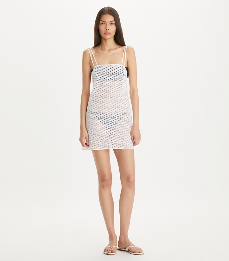 Tory Burch designer dresses Broderie Mini Dress in White on model front