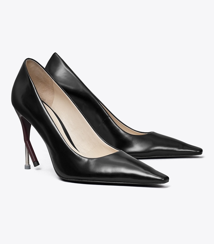 Tory Burch designer heels Broken Heel Pump in PERFECT BLACK / DARK CARMINE angle