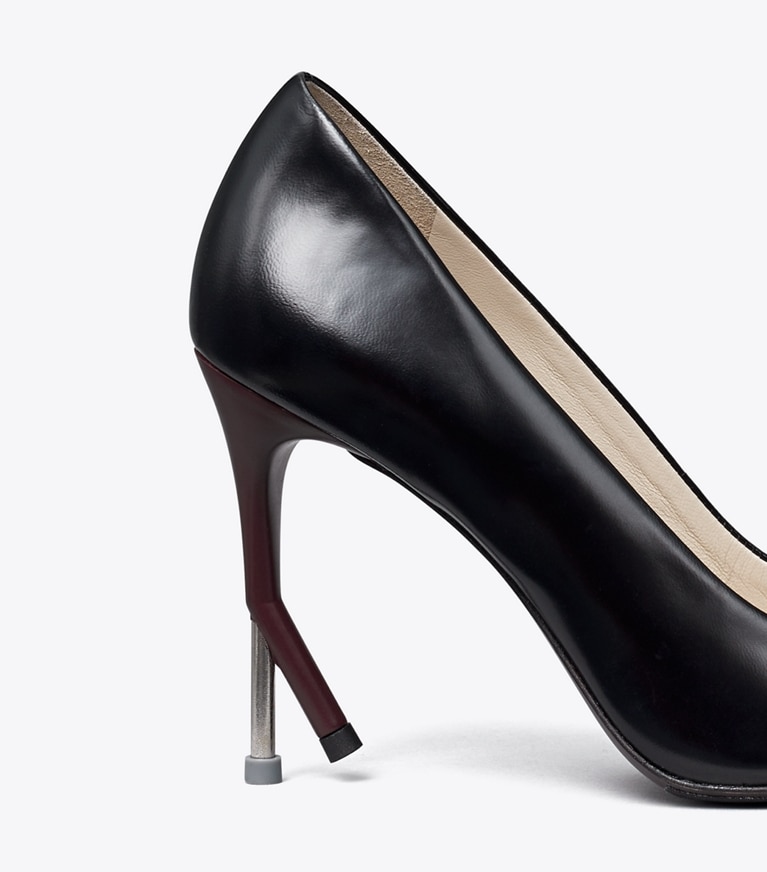Tory Burch designer heels Broken Heel Pump in PERFECT BLACK / DARK CARMINE angle