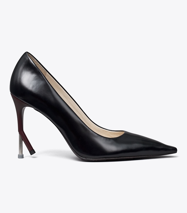 Tory Burch designer heels Broken Heel Pump in PERFECT BLACK / DARK CARMINE angle