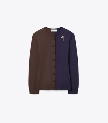Tory Burch designer セーター カラーブロック ウール カーディガン in Dark Brown / Deep Blue front