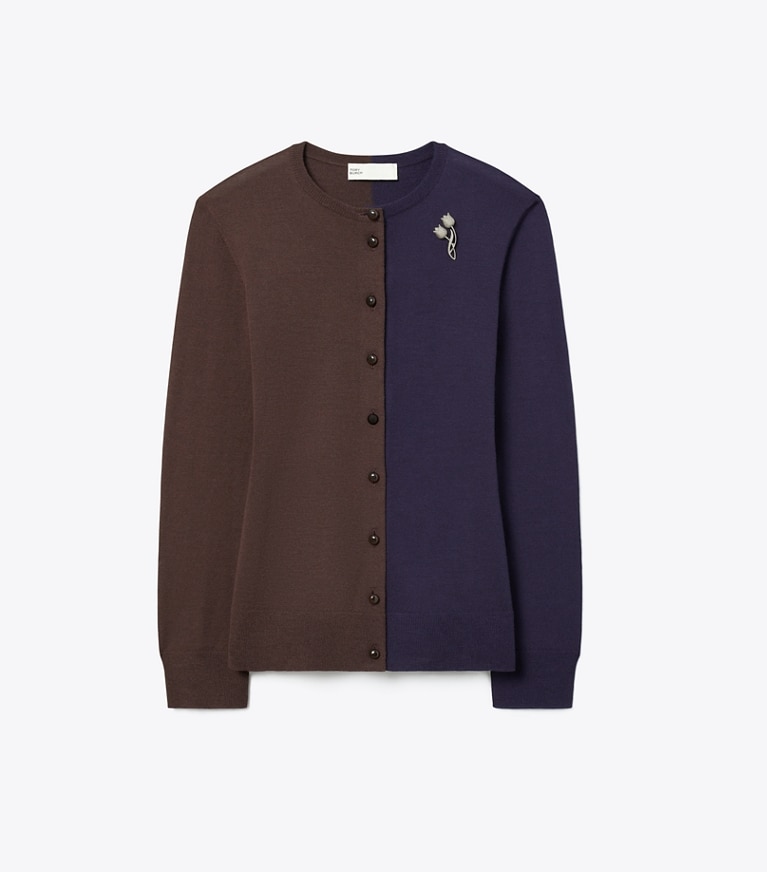Tory Burch designer sweaters Brooch Color-Block Wool Cardigan in Dark Brown / Deep Blue front