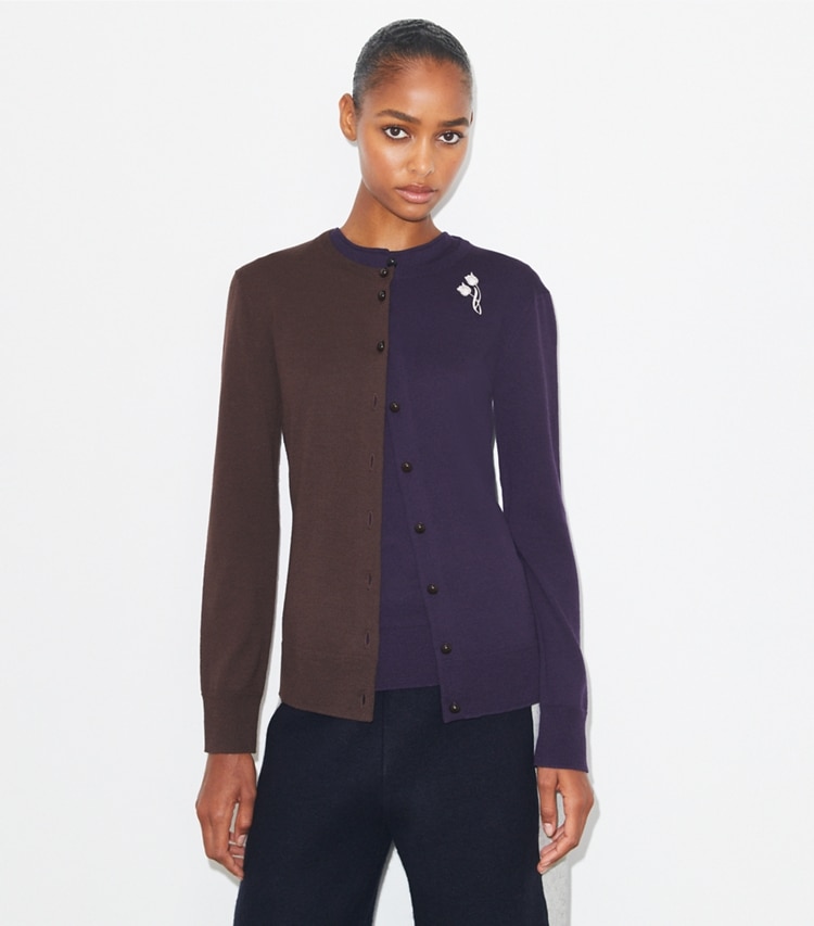 Tory Burch designer sweaters Brooch Color-Block Wool Cardigan in Dark Brown / Deep Blue on model detail