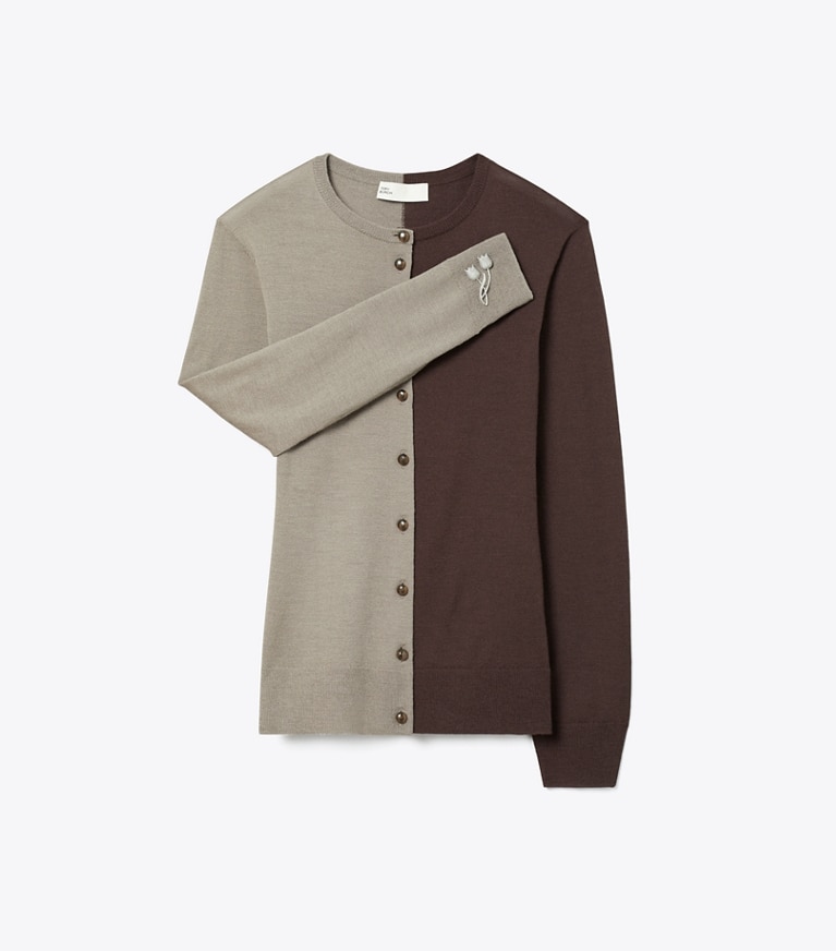 Tory Burch designer sweaters Brooch Wool Cardigan in Light Gray / Dark Brown front