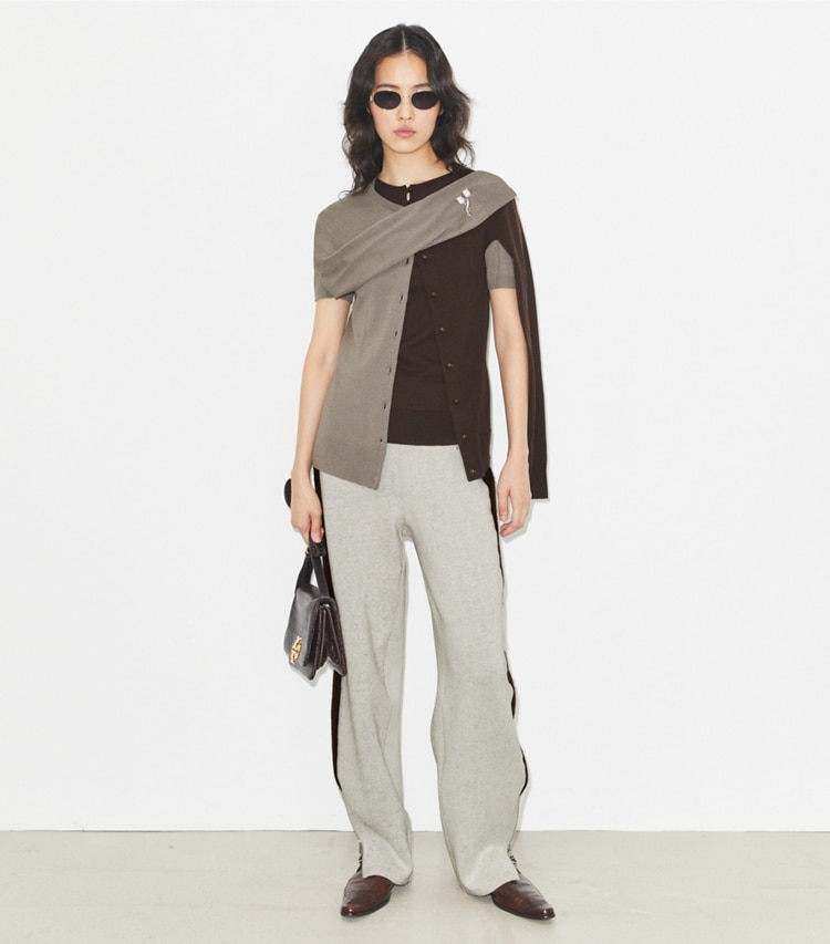 Tory Burch designer sweaters Brooch Wool Cardigan in Light Gray / Dark Brown on model front