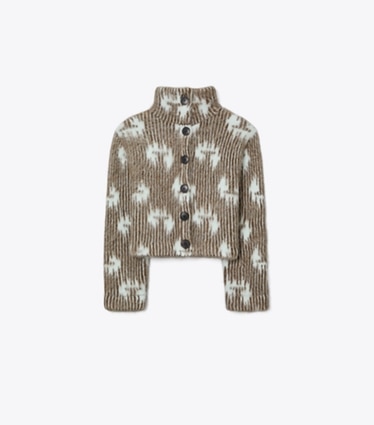 Tory Burch designer sweaters Brushed Alpaca Jacquard Bomber Jacket in Cabin Brown / Frosty Sky front