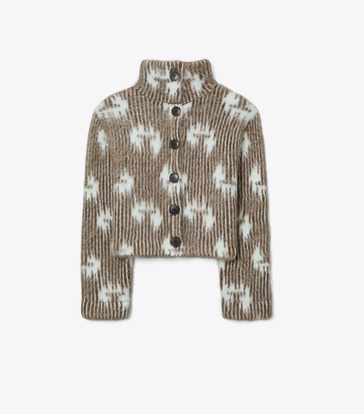 Tory Burch designer sweaters Brushed Alpaca Jacquard Bomber Jacket in Cabin Brown / Frosty Sky front