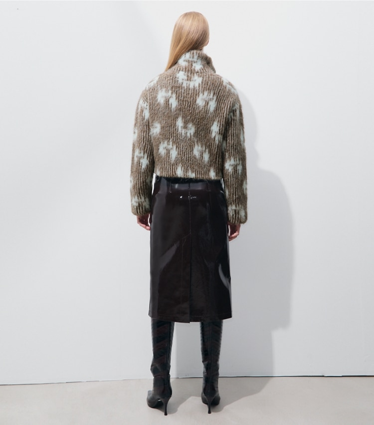 Tory Burch designer sweaters Brushed Alpaca Jacquard Bomber Jacket in Cabin Brown / Frosty Sky on model back