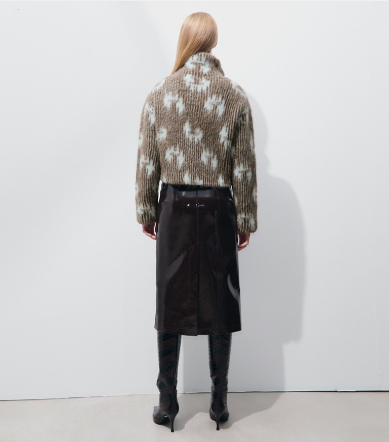 Tory Burch designer sweaters Brushed Alpaca Jacquard Bomber Jacket in Cabin Brown / Frosty Sky on model back