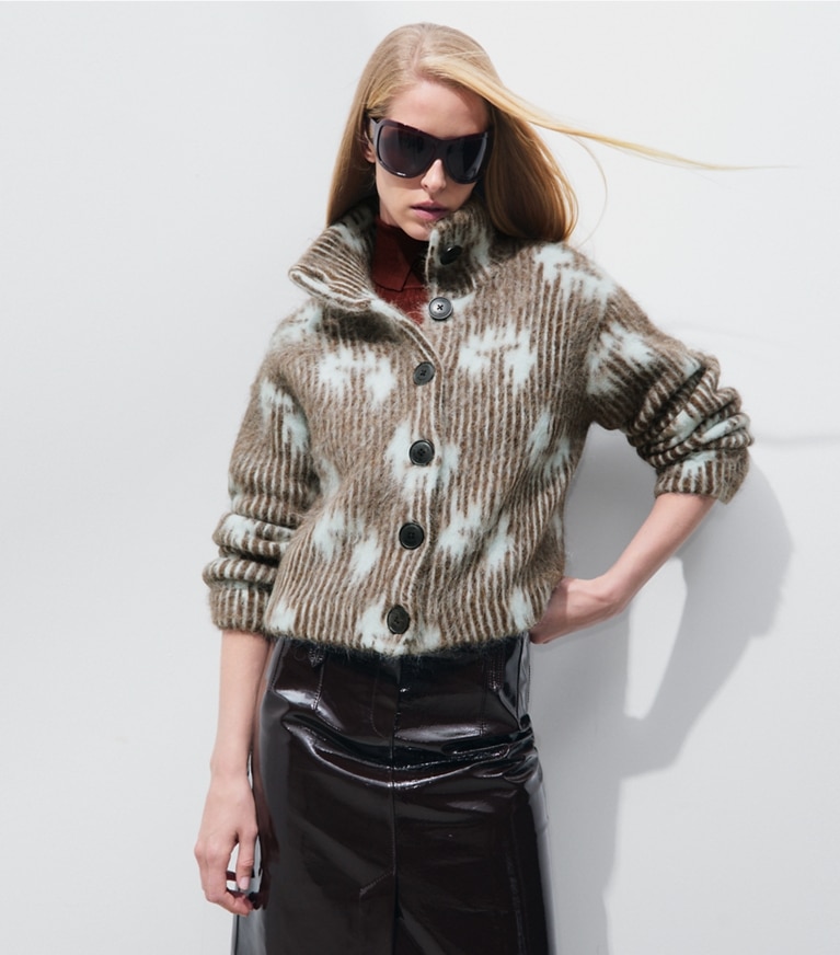 Tory Burch designer sweaters Brushed Alpaca Jacquard Bomber Jacket in Cabin Brown / Frosty Sky on model detail