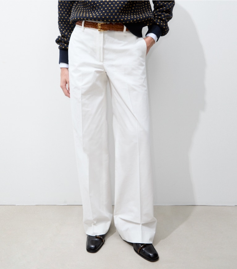 Tory Burch designer bottoms Brushed Cotton Trouser in White on model detail