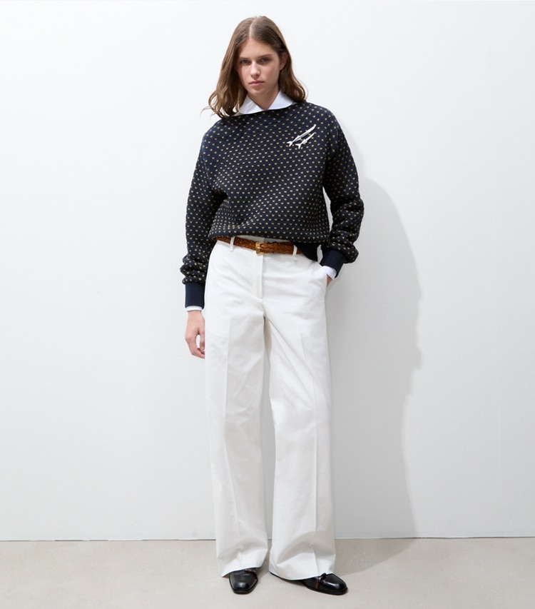 Tory Burch designer bottoms Brushed Cotton Trouser in White on model front