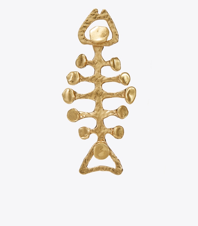 Tory Burch designer earrings Brutalist Fish Earring in Antique Light Brass detail